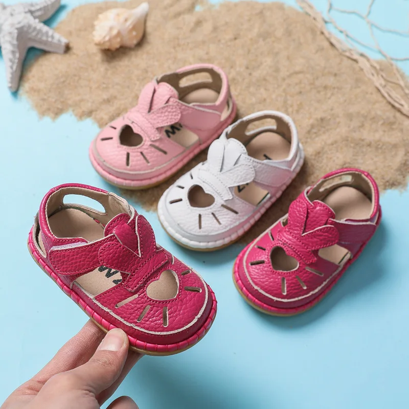 Summer Infant Sandals Baby Girls Anti-collision Toddler Shoes Love Soft Bottom Genuine Leather Kids Children Beach Sandals