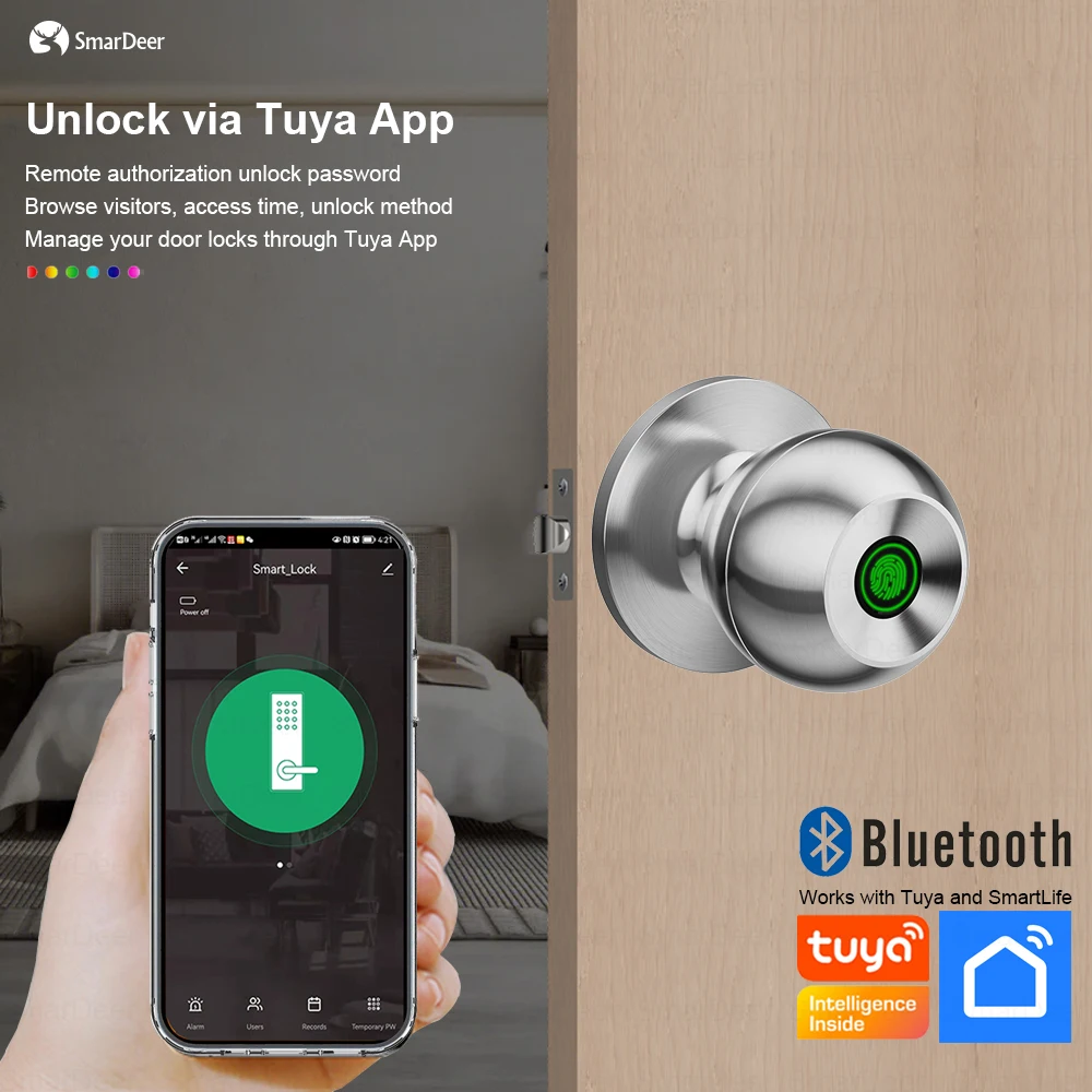 SmarDeer Fingerprint Lock for Tuya Smart Lock with Bluetooth Door Lock Keyless Entry with Fingerprint and Tuya App