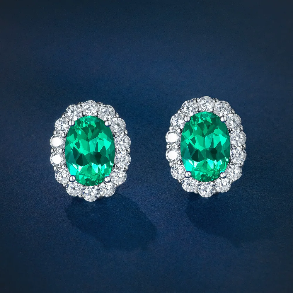 

New S925 silver minimalist egg shaped 5 * 7 Columbia cultivated emerald 1 carat temperament earrings wedding jewelry