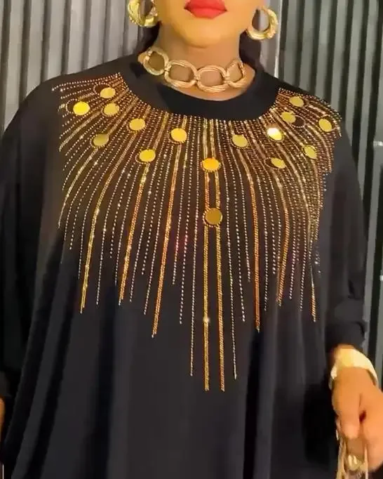 

2 Piece Outfit Women Round Neck Batwing Sleeve Loose Top & Wide Leg Pants Set Female Casual Golden Rhinestone & Sequin Decor Set