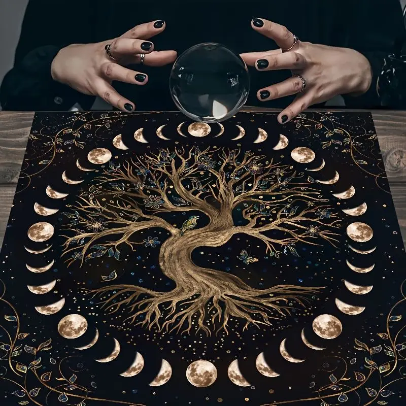 VIKAMA Black Bottom Tree of Life Moon Phase Cycle Tarot Tablecloth Ceremony Tarot Card Divination Table Mat Card deduction