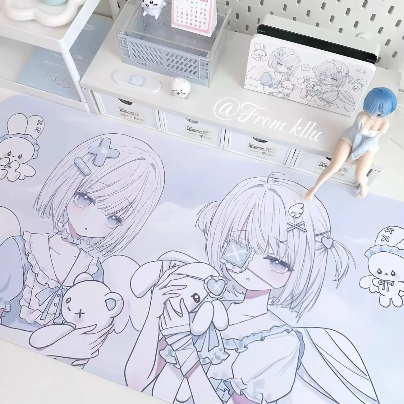New Leather Desk Pad Protector Japanese Anime Blue Girl Kawaii Mouse Pad Office Desk Mat Waterproof Non-Slip PU Desk Blotter Pad