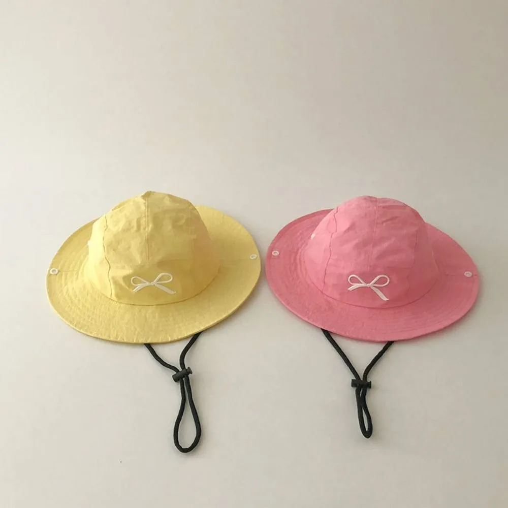 Bow Embroidery Children's Fisherman Hat Anti-UV with Windbreak Rope Beach Hat Candy Color Quick-drying Bucket Cap for Girls Boys