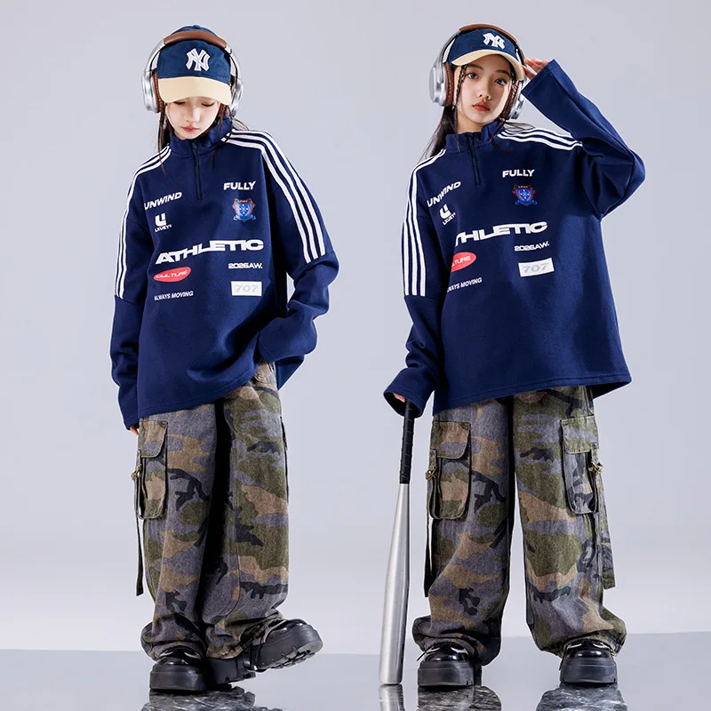 Children Hip Hop Dance Costume Girls Blue Sweat Tops Cargo Pants Streetwear Children Modern Jazz Dance Stage Performance Clothes