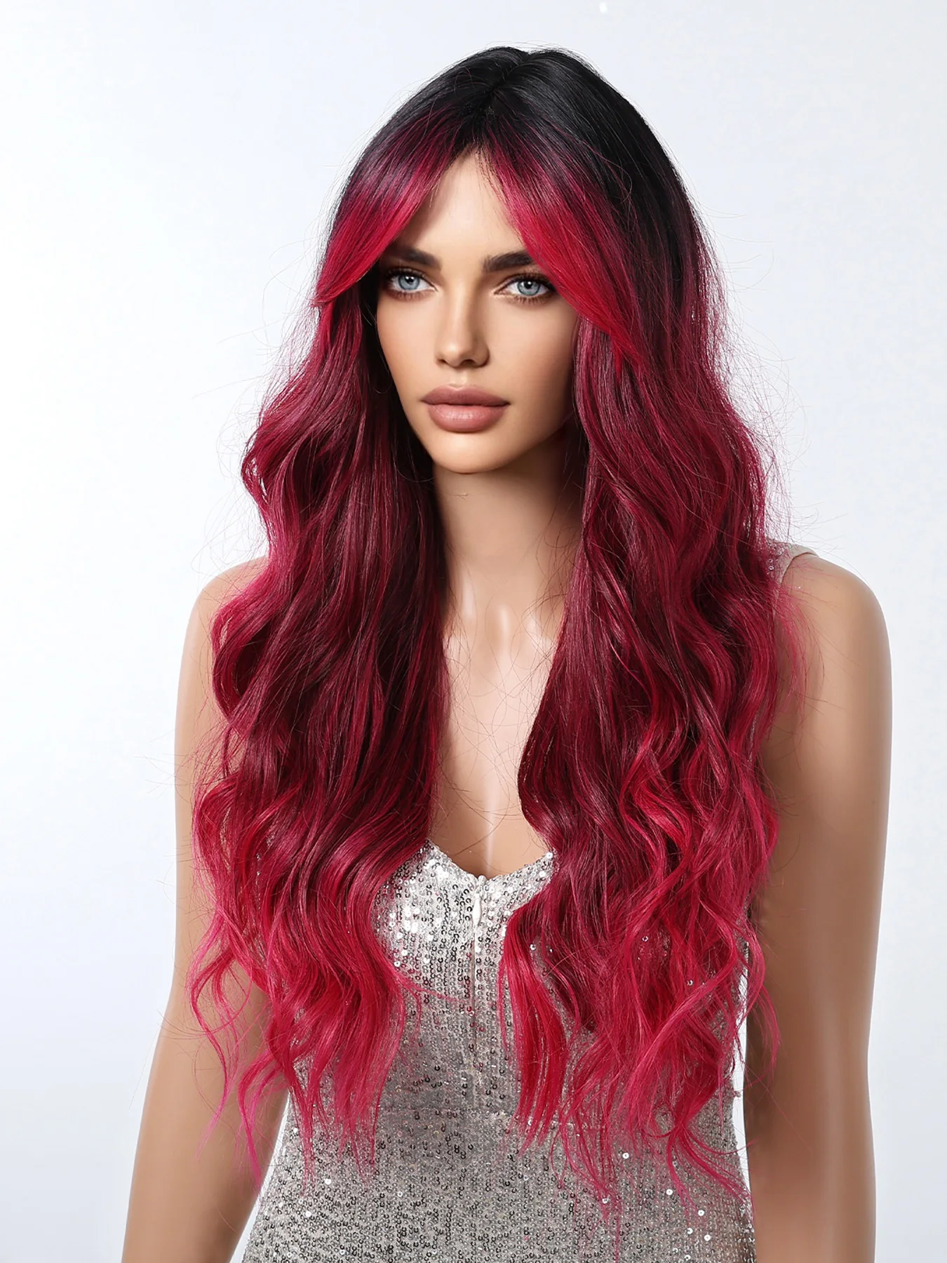 هالوين طويل مجعد التنين الفاكهة الوردي أومبير الاصطناعية شعر مستعار متموج الجزء المتوسط موجة المياه الباروكات للنساء اليومية تأثيري شعر مستعار