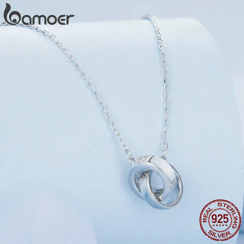 Bamoer 925 Sterling Silver Double Circle Interlock Pendant Necklace Double Ring Collarbone Neck Chain for Women Jewelry BSN295