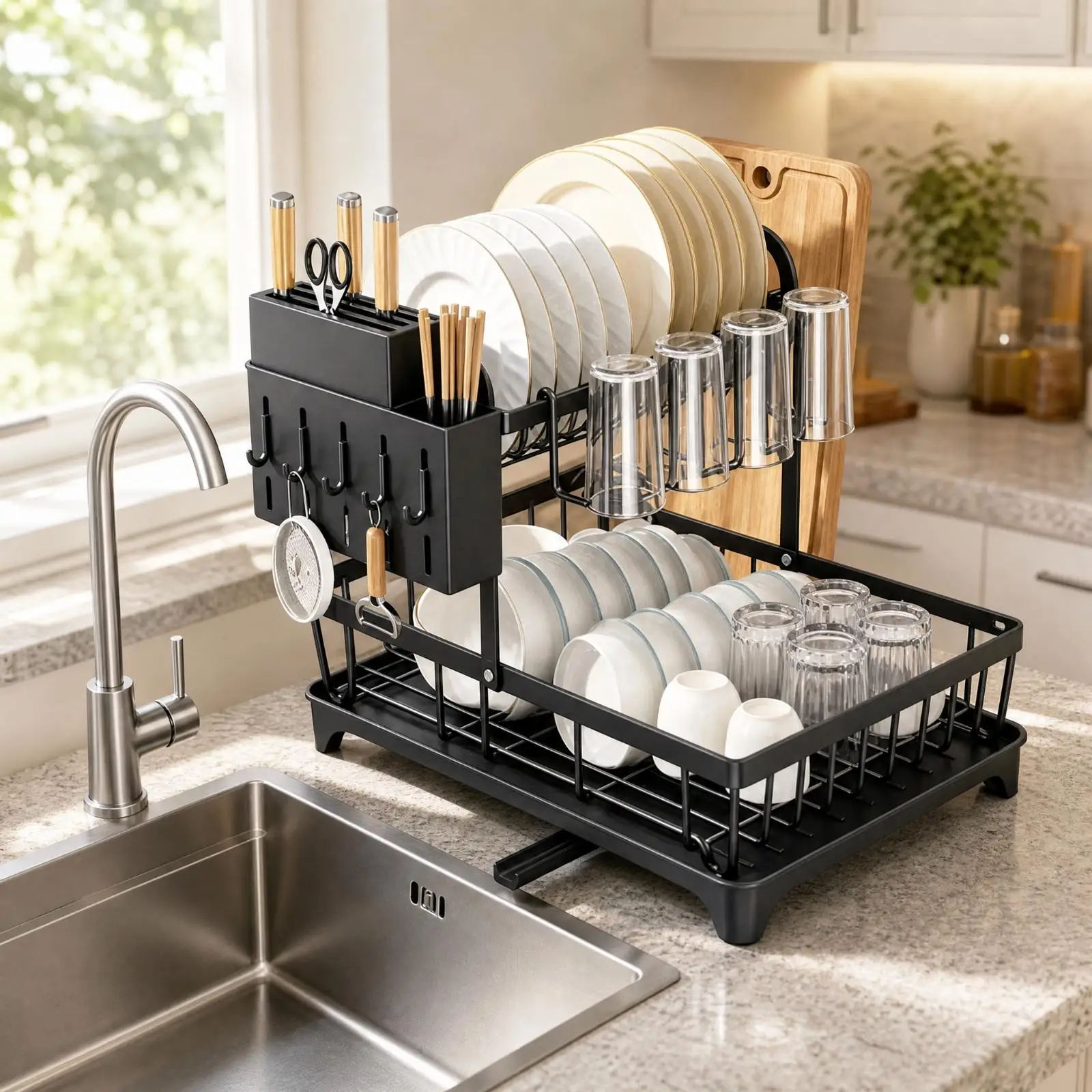 Large Dish Drying Rack with Drain Tray Carbon Steel 2 Tier Kitchen Dish Rack for Plates Bowls Cups and Cutting Board Holder