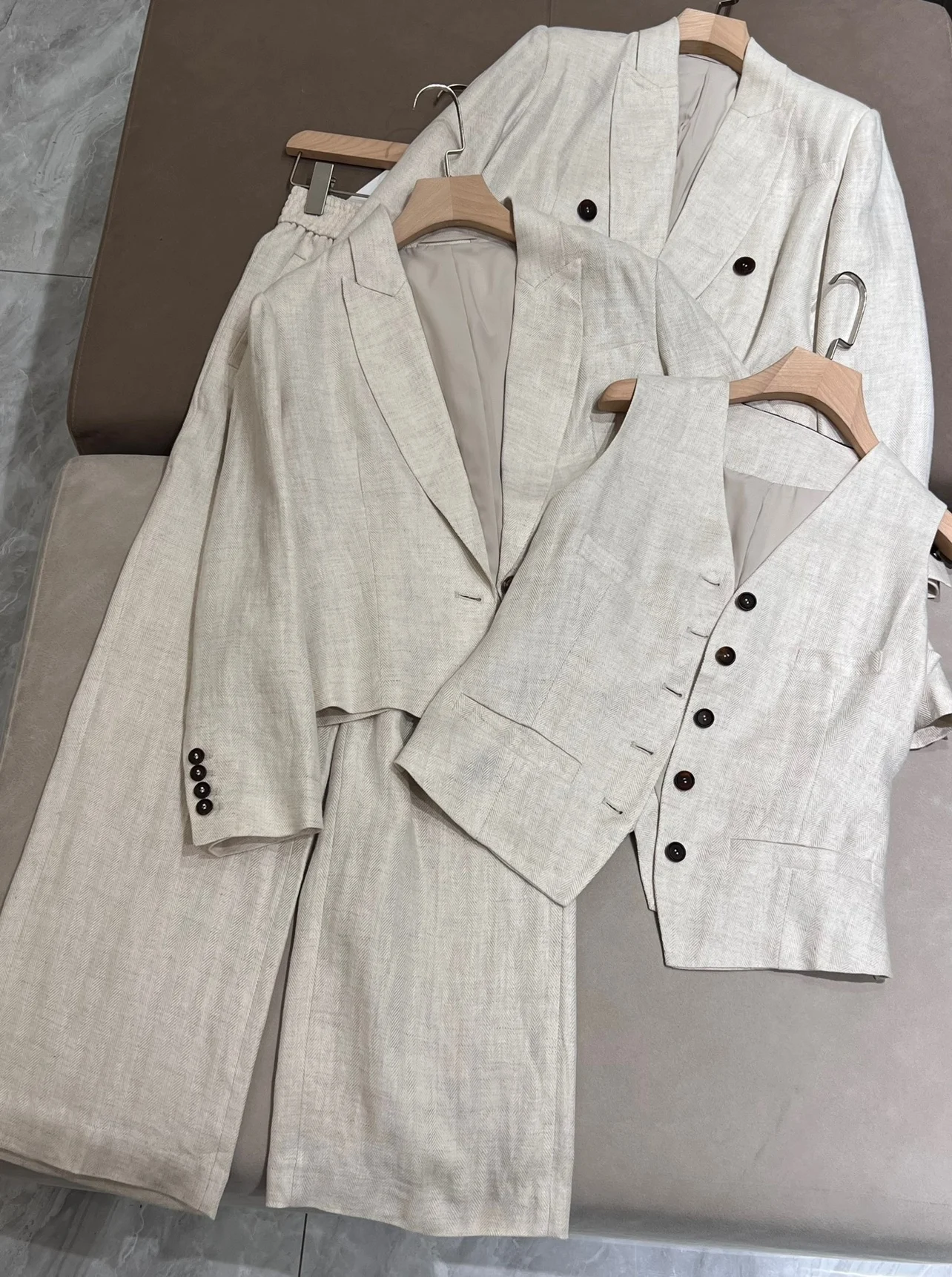 Spring Autumn B*C Women\'s Pants Suit Linen Blazer Jacket + Vest + High Waist Wide Leg Trousers 4 Piece Set Female Clothing