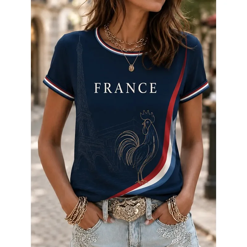 Retro 3D Print France Flag Rooster Inspired Unisex T‑Shirt Round Neck Short Sleeve Patriotic Fan Casual Sports Streetwear Tee