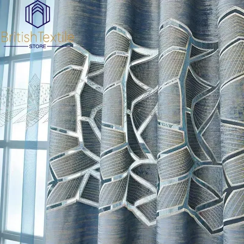 European Luxury Curtains For Living Dining Room Bedroom Semi White Tulle Premium Crack Geometric Custom Home Decor Brown