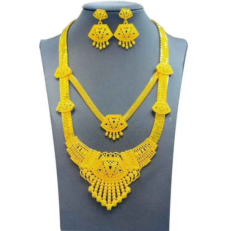 New 24K Alloy Dubai Jewelry Set For Women Necklace Earrings Indian Thailand Bride Wedding Two Piece Set Wholesale Gold Color