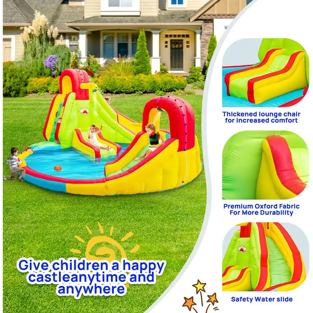 สวนน้ำเป่าลมพร้อมเครื่องเป่าลม, ปราสาทลมพร้อมสไลเดอร์ 2 ช่อง, ผนังปีนป่าย, ปืนฉีดน้ำ, เก้าอี้พักผ่อน และห่วงบาสเกตบอล, ขนาด 165 x 165 x 90.5