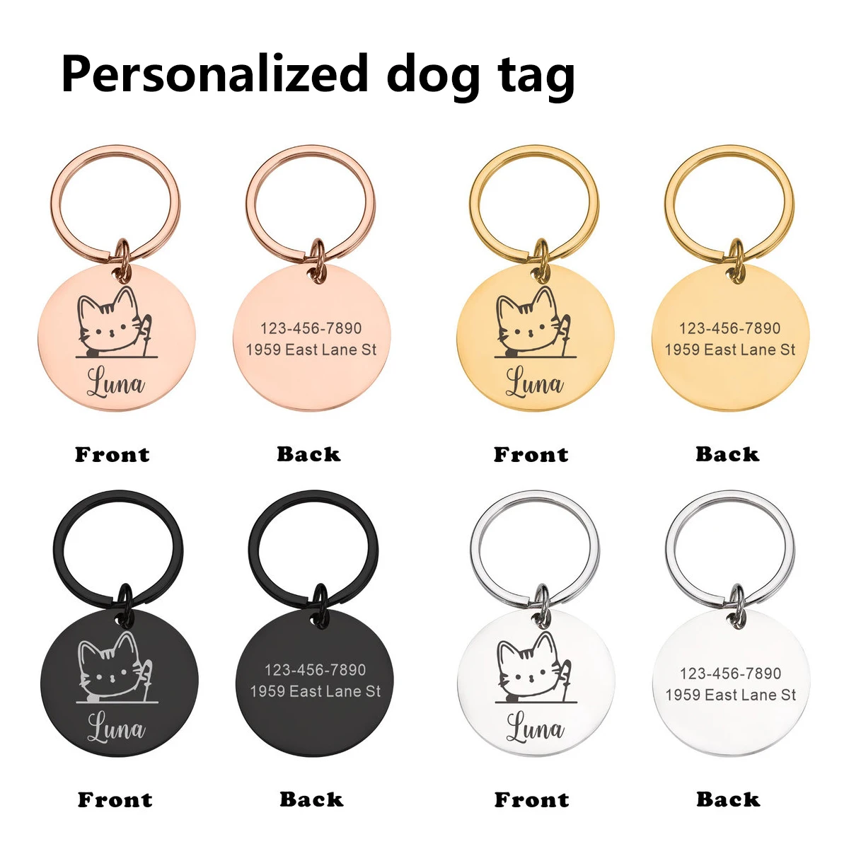 Personalized cat pattern pet ID tag, custom name and contact information dog and cat tag, engraved round collar pendant