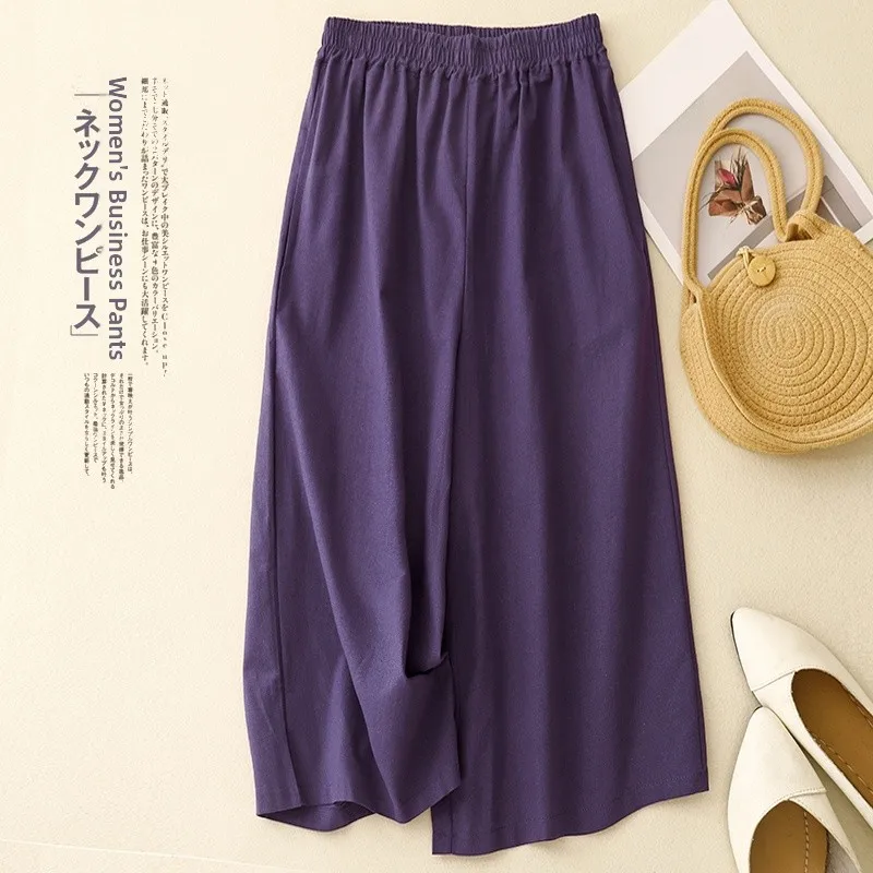 Pantalones de pierna ancha de lino de algodón para mujer, pantalones casuales sueltos de verano para ir al trabajo, pantalones drapeados de lino de siete cinco, pantalones versátiles de ocho puntos...