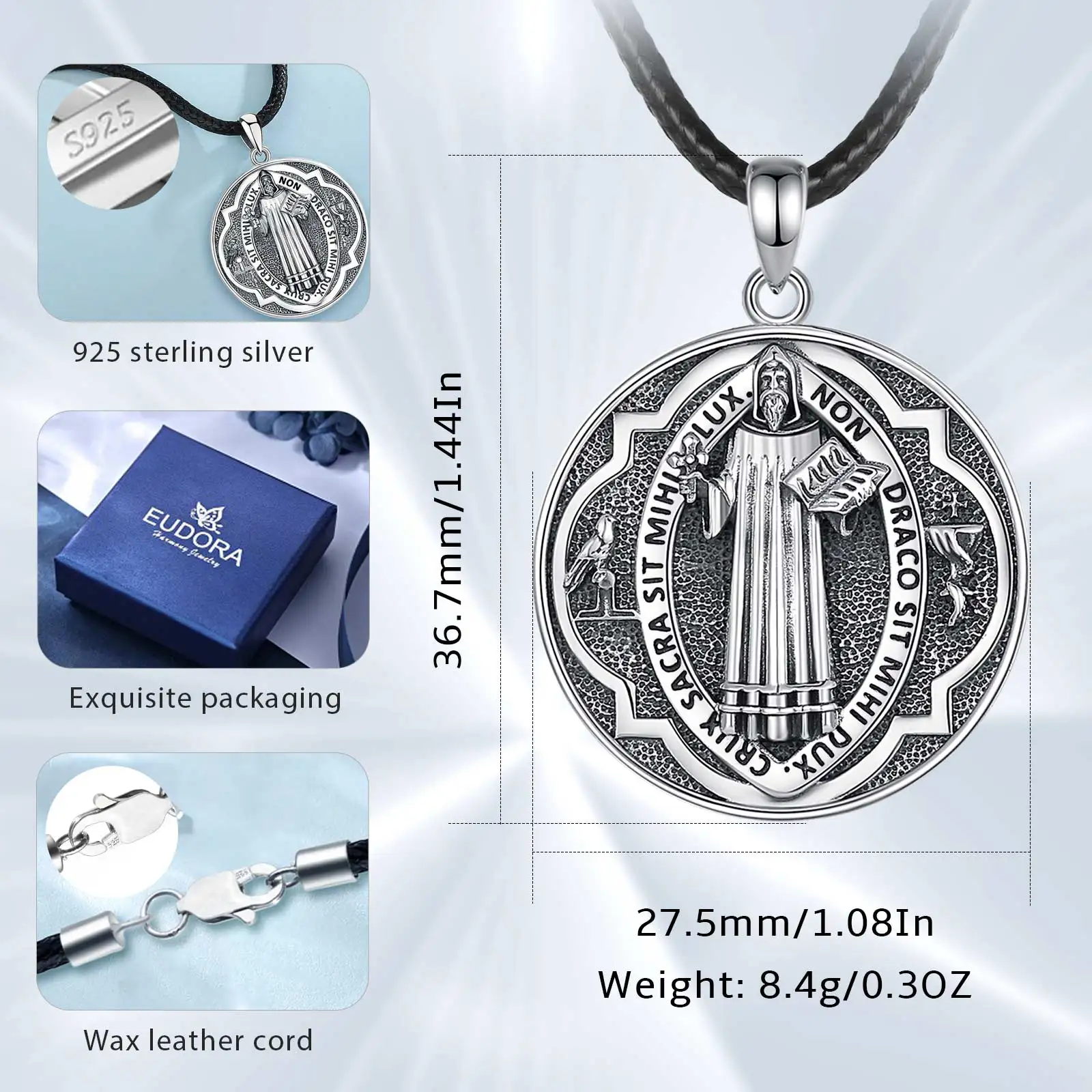 Eudora 925 Sterling Silver Saint Benedict Medal Necklace San Benedict Cross Amulet Pendant Religious Jewelry Gift for Men Women