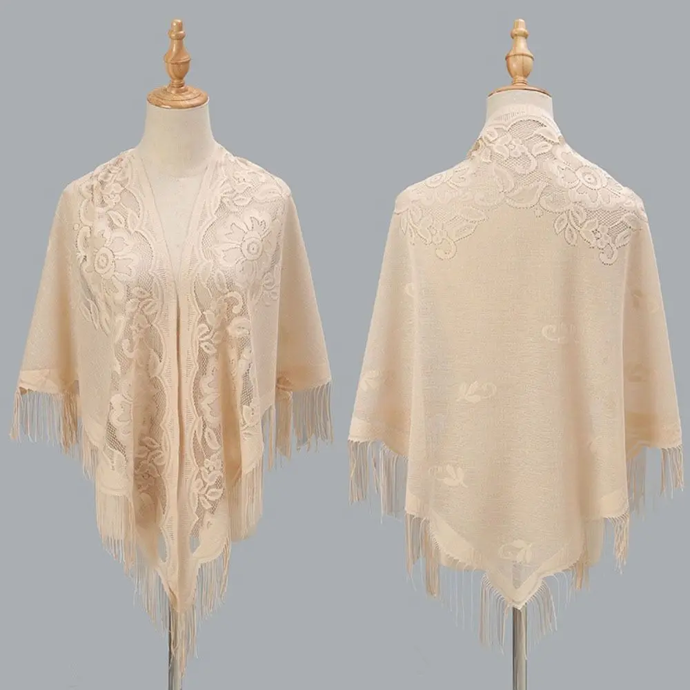 Women Vintage Shawl Tassel Patchwork V-Neck Cardigans Shawl Party Dinner Top Scarf Shawls Mesh Cloak Capelet Fringes