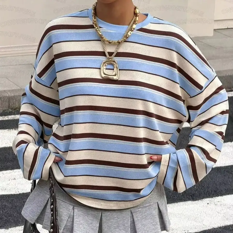 Frühlings- und Herbst-Damen-T-Shirt mit minimalistischem Streifenmuster, Rundhalsausschnitt, langen Ärmeln, Übergröße, im Retro-Amerikanischen Stil. – Detail 4