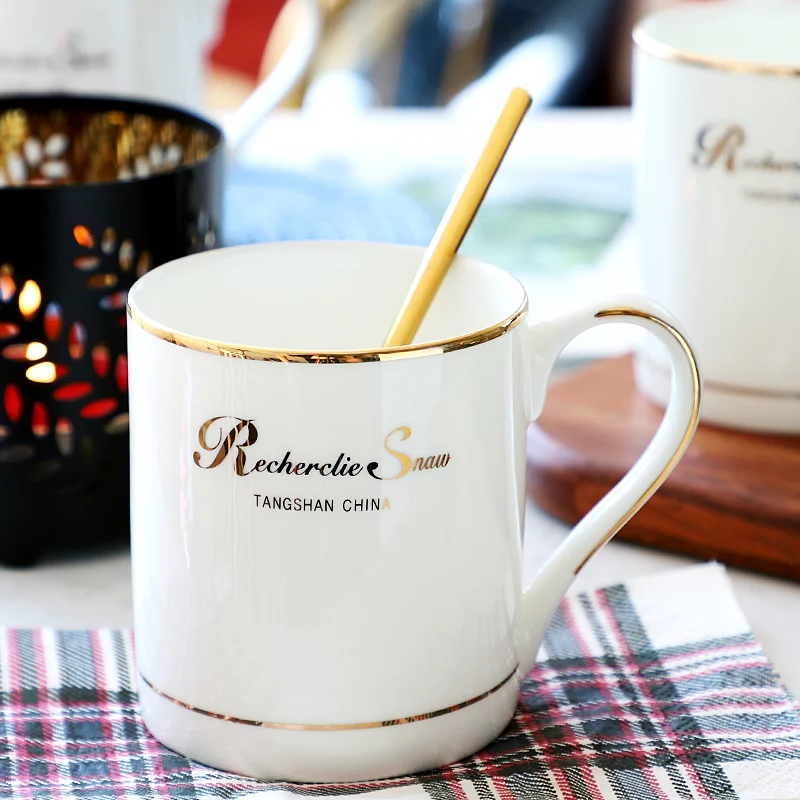 Gold Drawing Bone china Cup New Household 200~400ml Light Luxury Handle Mugs European Style White Couple Water Cup with Scoop