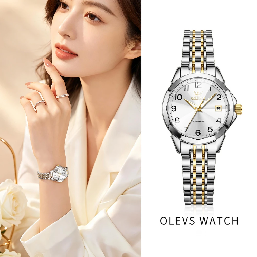LEVS 6789 Women Automatic Mechanical Watch Diamond Cut Mirror Date Display Two-tone Stainless Steel Strap Luxury Ladies Wristwat
