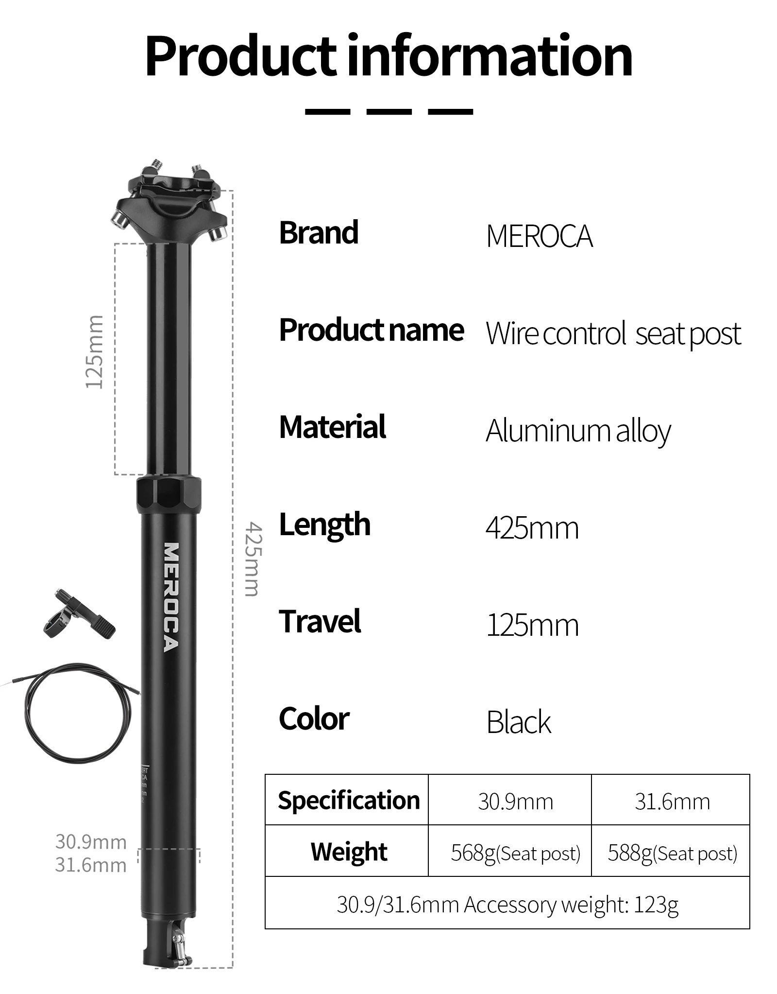 MEROCA Bike Dropper Sattelstütze 30,9/31,6x425mm Interne Routing Kabel Fernbedienung Draht Control Lift Sitzrohr MTB Sattelstütze – Detail 2