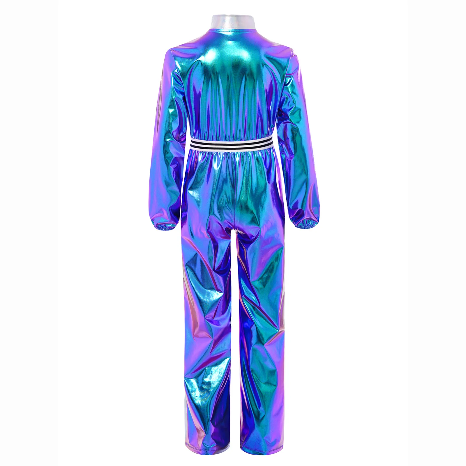 여아용 반짝이는 메탈릭 유니타드 점프수트 댄스웨어 체조 레오타드 무대 공연용 긴 소매 지퍼 바디수트