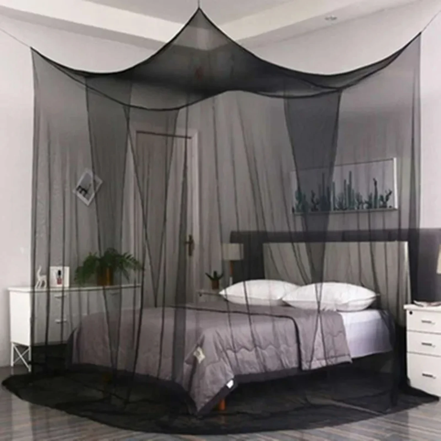 Elegant Outdoor White Square Canopy Net for Single Bed or Double Bed, with Four Doors to Keep Sexy Mosquitoes Out and Ensure Ins