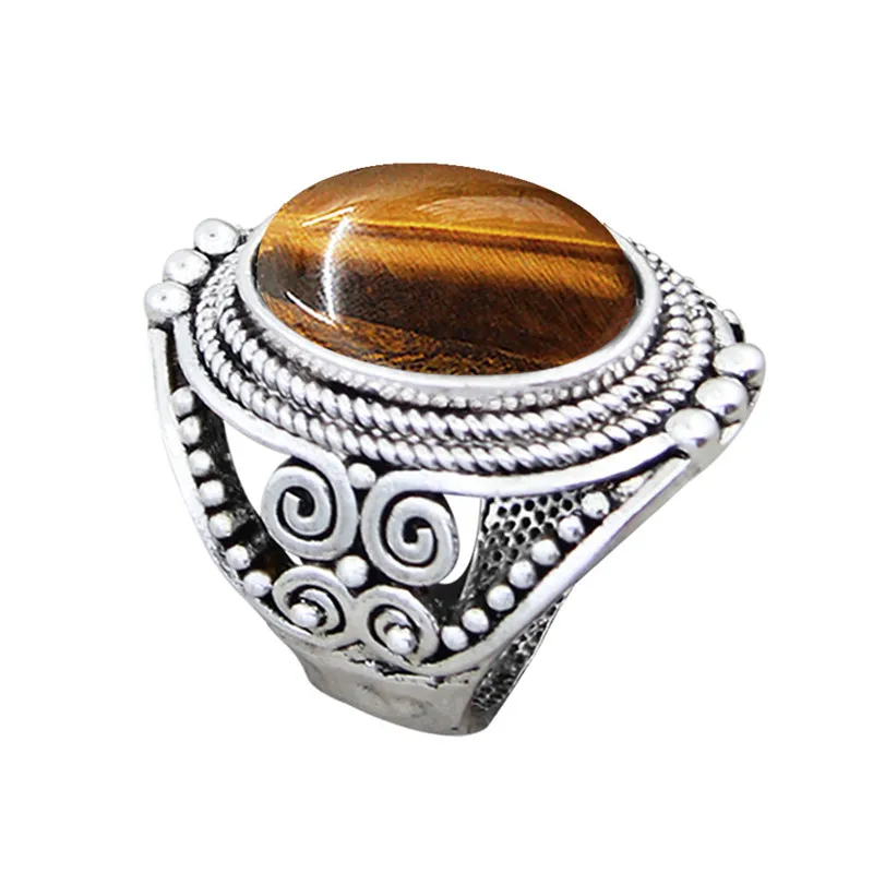 Oval Natural Tiger Eye Stone Rings For Women Vintage Flower Design Antique Silver Plated Fashion Jewelry