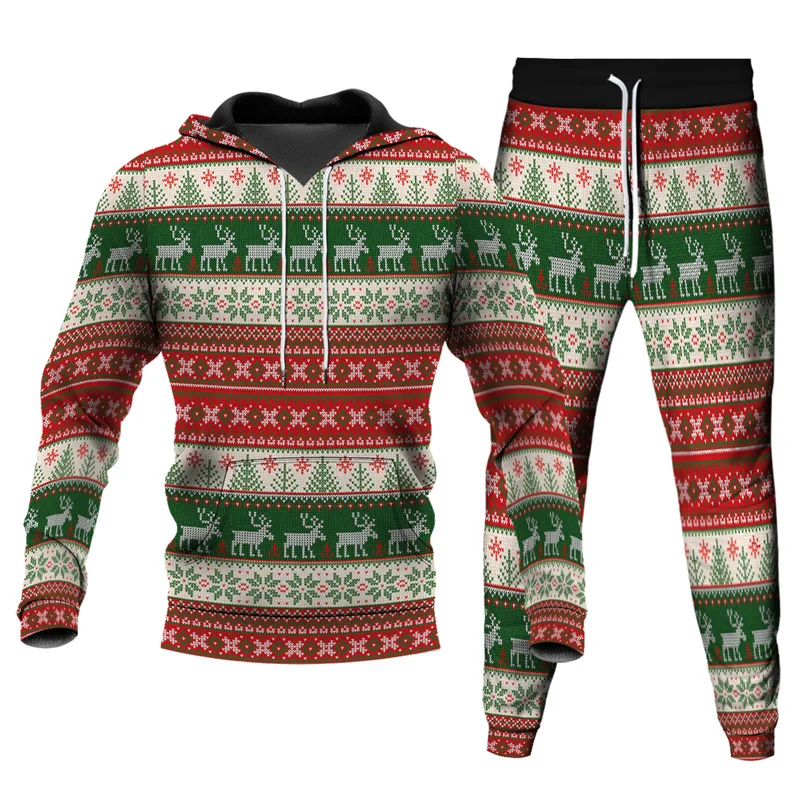 Christmas Deer 3D Print Men Women Streetwear Casual Pullover Loose Jogging Tracksuit Sweatshirts+Long Pants 2Pcs Sets Oversize