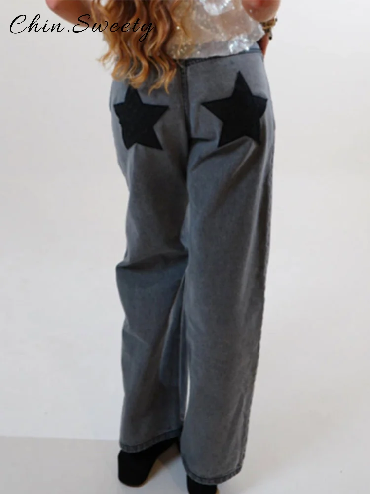 

Повседневные джинсовые брюки со звездами, женские свободные однотонные широкие брюки с высокой талией, весна-лето 2024, женские модные уличные джинсы