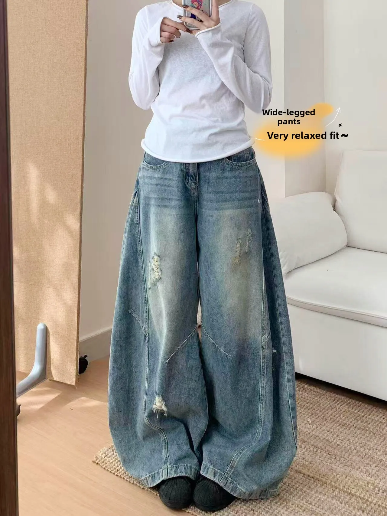 

Ретро-синие джинсы с высокой талией, широкие, свободные, удлиненные, в винтажном стиле, с эффектом потертости, для женщин