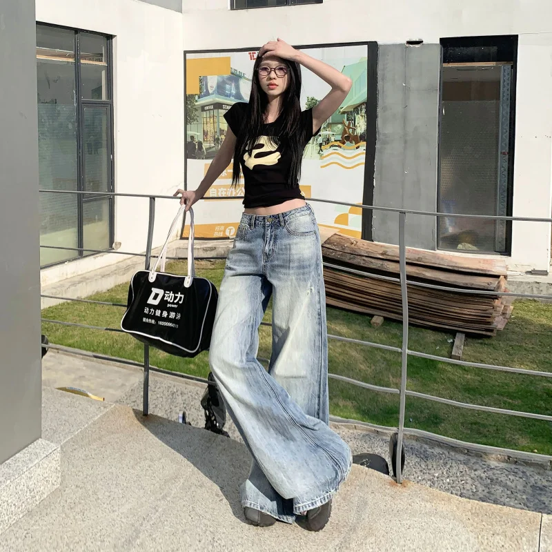 

American Style New Korean Fashion Ripped Wide Leg Pants for Women, Stylish Loose Fit Slimming Denim Long Pants