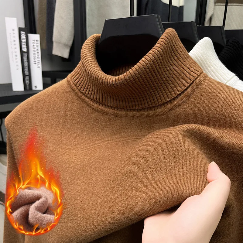 

Мужской зимний вязаный свитер с высоким воротником, утепленный, на флисовой подкладке, повседневный, длинный рукав, из полиэфирного волокна, для ежедневной носки