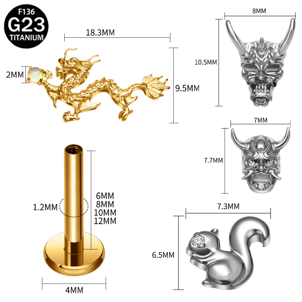 G23 Titanium Flat Back Earrings Dragon with Pearl Skull Squirrel Designs Cartilage Tragus Conch Piercing Jewelry for Men Women