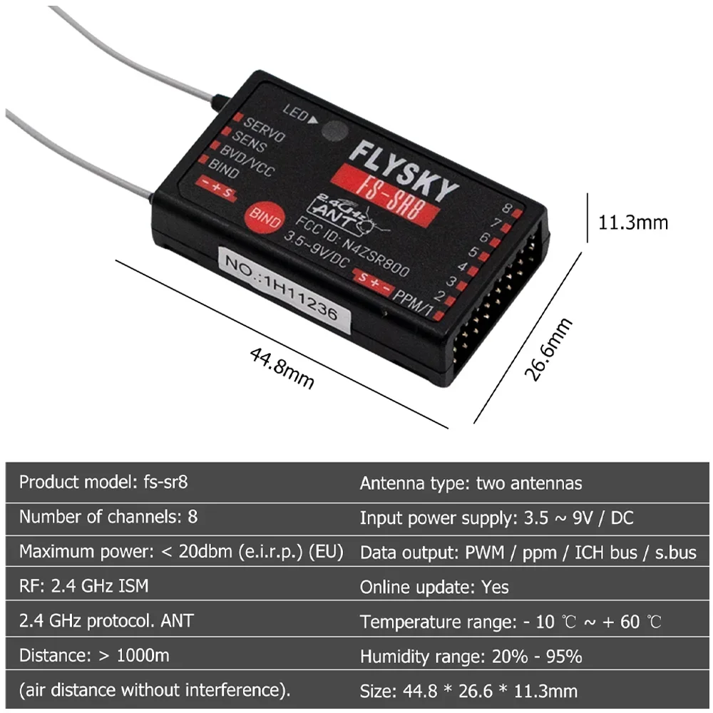 

FLYSKY FS-SR8 2.4GHz ANT Mini Receiver Remote Controller RC Car 8 Channel Airplane Helicopter FPV Drone FS-ST8 Radio Transmitter
