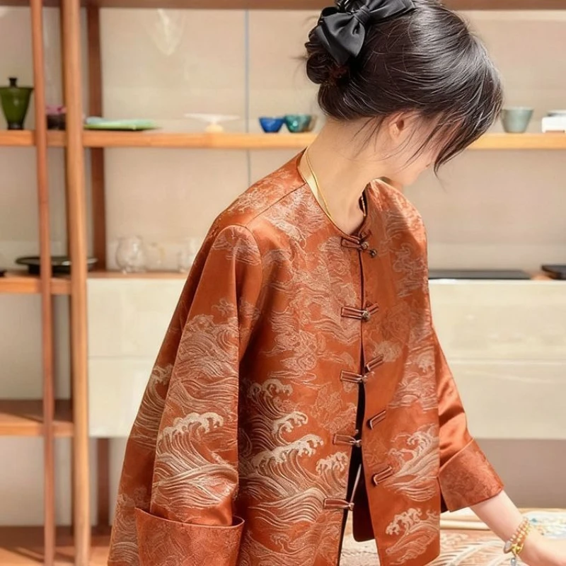 

Женское винтажное пальто с цветочным узором, оранжевое, в китайском стиле, с принтом, коллекция Весна-Осень 2026