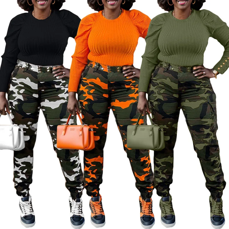 

Women Trousers Fashion Joggers Camo Print Cargo Pants For Ladies Streetwear Casual Pocket High Waist Stretch Cargo Trousers