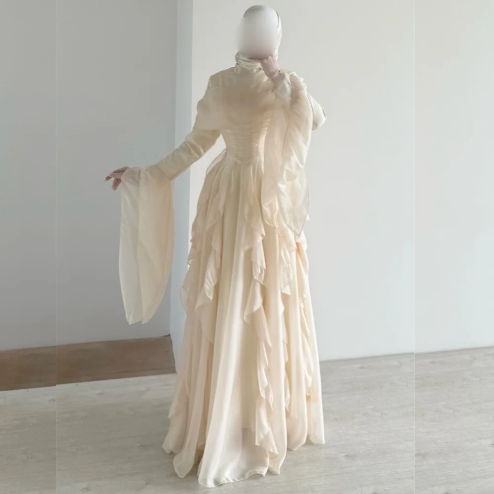 

Customized Elegant Modest Evening Gowns Long Sleeves O-Neck Ruffle Long Dresses Formal Party Dress for Wedding Guest Classic