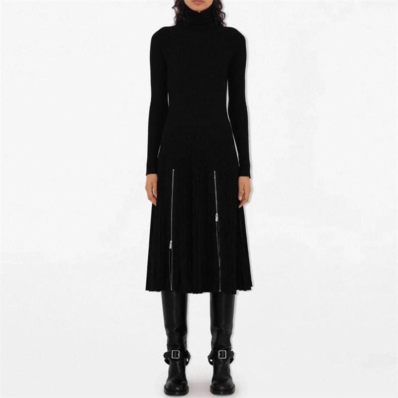 Autumn new women\'s high collar elastic slim fit long sleeve knitted dress y2k high quality zipper decoration black midi skirt