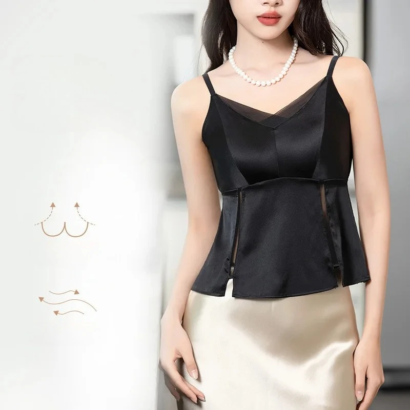 Women's Luxury Lace & Mulberry Silk Blend Camisole Top Triangle Cup, Breathable Stay- Fashion Back Design Elegant Style