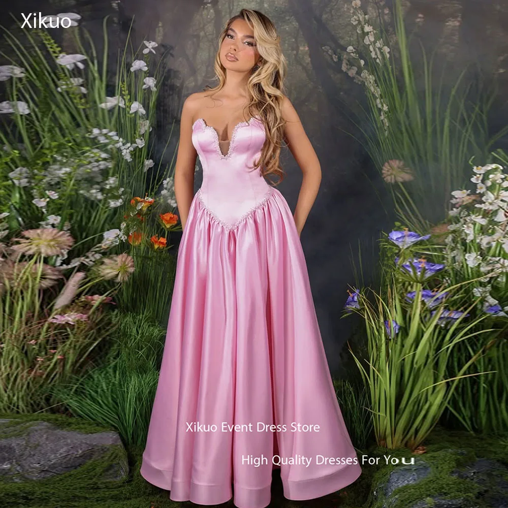 

Xikuo Graceful Pink Satin Evening Gowns Long A Line V Neck Robe Cocktail Femmes Beading Sleeveless Party Prom Dresses Customized