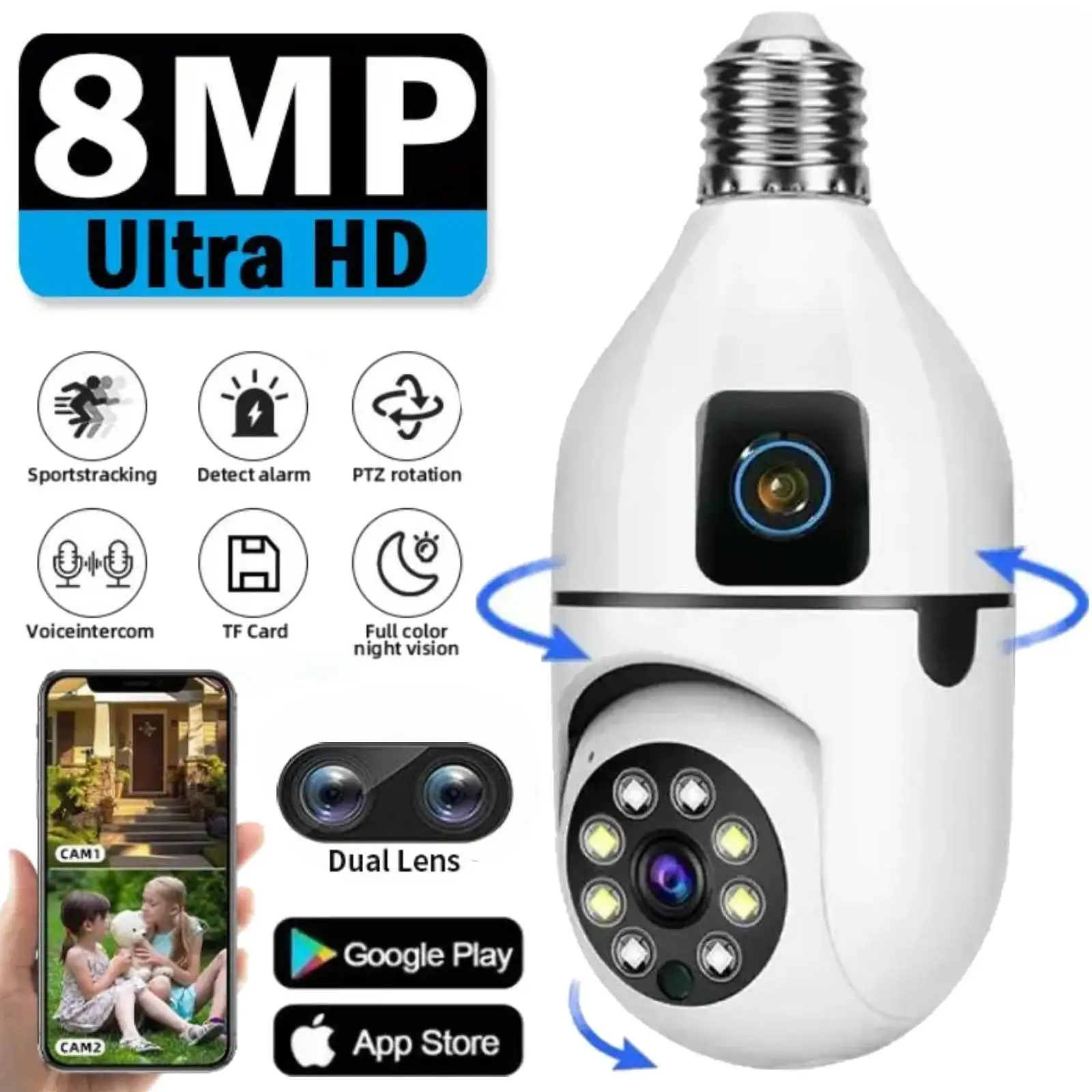 cameras wi fi sem fio com lampada e27 8mp lente dupla vigilancia interna rastreamento humano audio bidirecional cctv visao noturna colorida 01