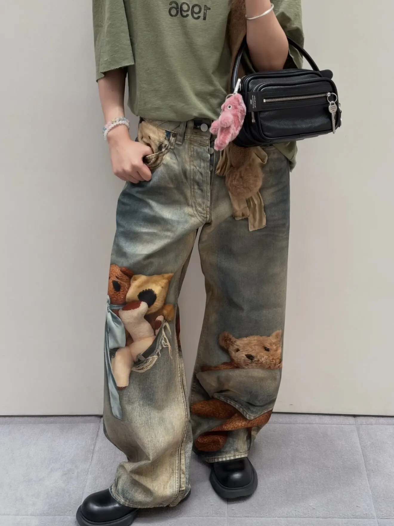 

New Year Teddy Bear Wide Leg Jeans Men Women 3D Printing Long Pants High Waist Knot Casual Comfortable Denim Trousers