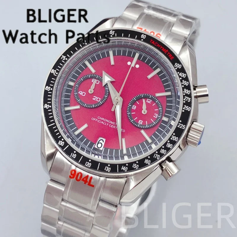 BLIGER 40MM VK64 Quartz Watch Men's Moon Chronograph Watches Burgundy Red Dial Luminous Coated Glass 5Bar Diving Reloj Hombre
