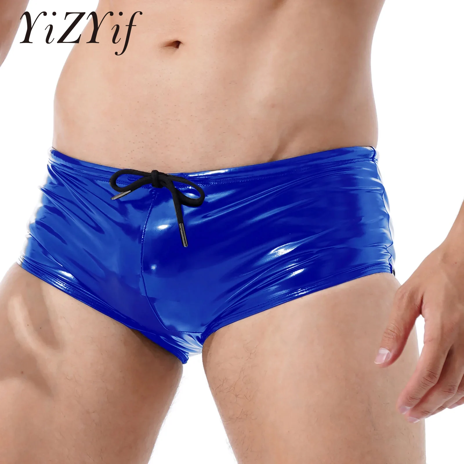 Mens Bulge Pouch Pole Dance Shorts Wet Look Patent Leather Underwear Underpants Sexy Clubwear Low Rise Drawstring Boxer Shorts