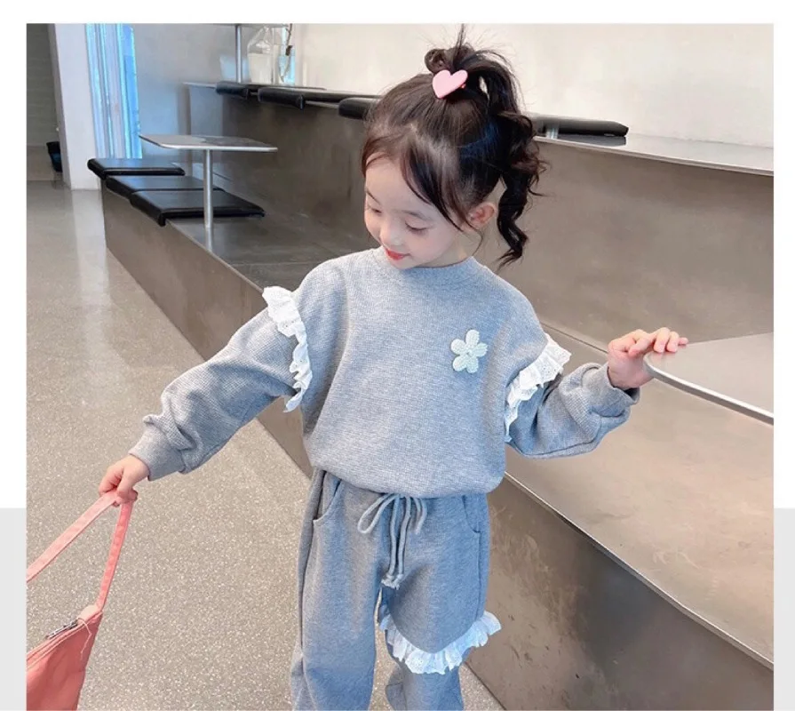 

New Girls Two Piece Spring Autumn Top Pullover Lace Pant Sport Loose Soft Full Sleeve Fashion All-match Outdoor