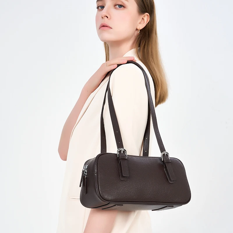 

Women Cow Genuine Leather Shoulder Bags Ladies Fashion Designer Luxury Handbags Female Cowhide Retro Commute Boston Bag for Lady