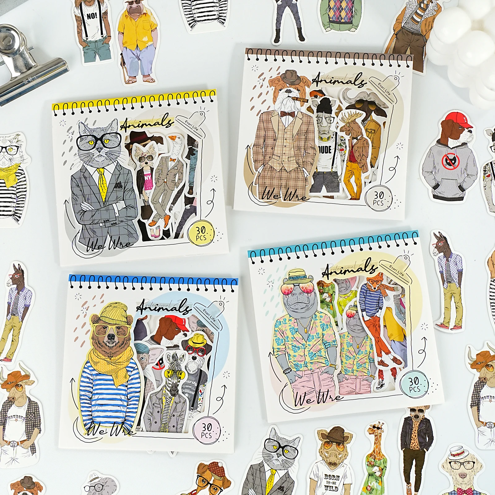 Etori Life Desire Animal Series Anthropomorphic Stylish Animal Pattern Stickers Decorate Laptops, Phone Cases, Suitcases, Water Bottles, Student Stationery, Gift Bags, Campus Supplies, Children's Stickers, DIY Collage Materials