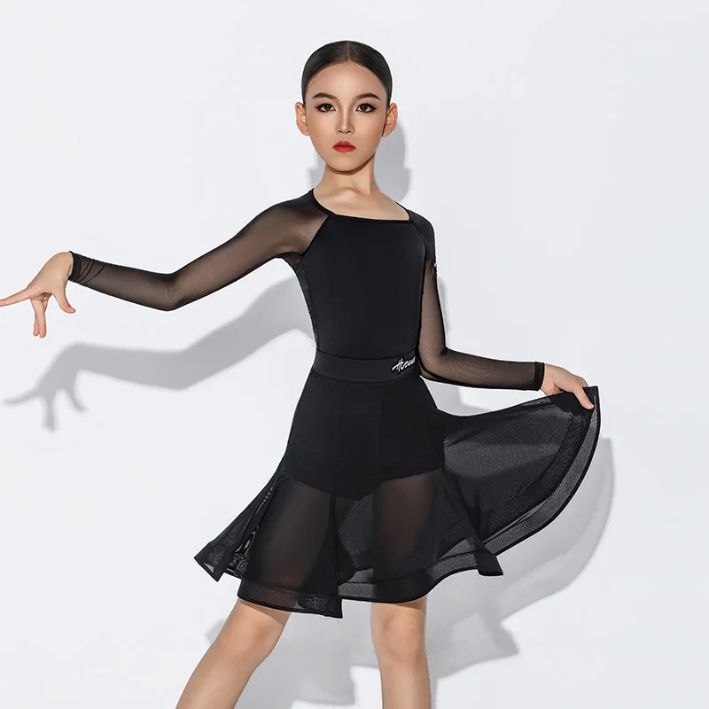 2025 소녀를위한 새로운 라틴 댄스 공연 의상 메쉬 슬리브 스플릿 스커트 정장 삼바 차차 라틴 연습 옷 DQS21274
