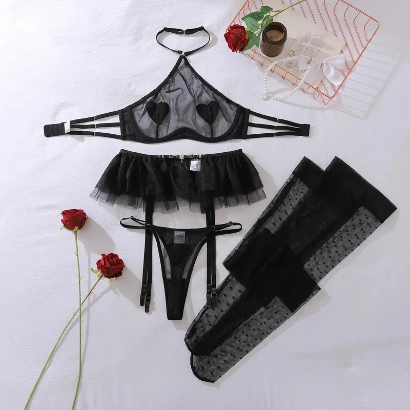 New Fashion Mesh See Through Halter Neck Lingerie Set Women Sexy Perspective Three-point Style with Stockings Shaping Split Set