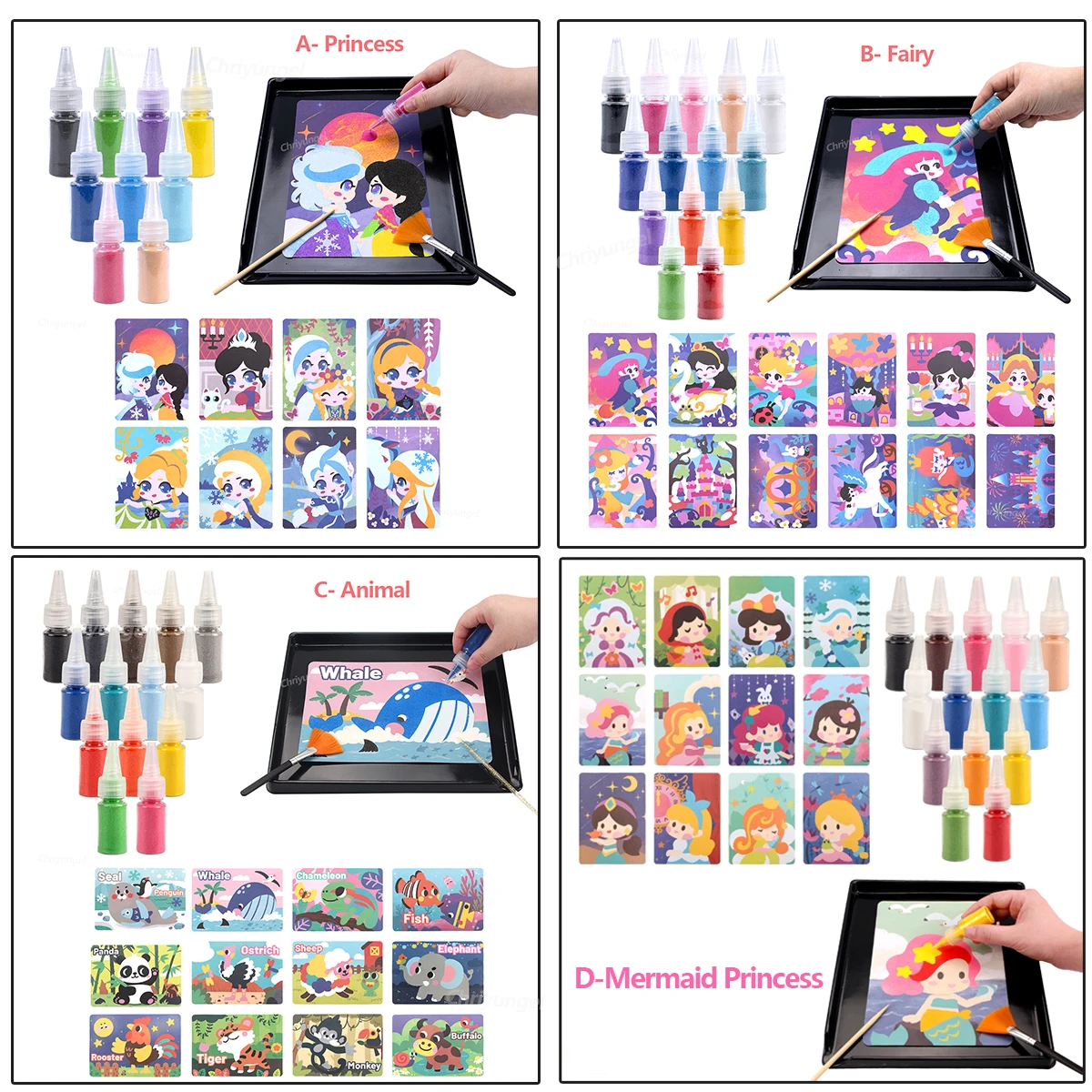 مجموعة فنية الرمل السحري للأطفال الأميرة / القلعة / بطاقات الحيوانات مع مجموعة الرمل الملونة DIY ألعاب تعليمية مونتيسوري هدية للأولاد والبنات